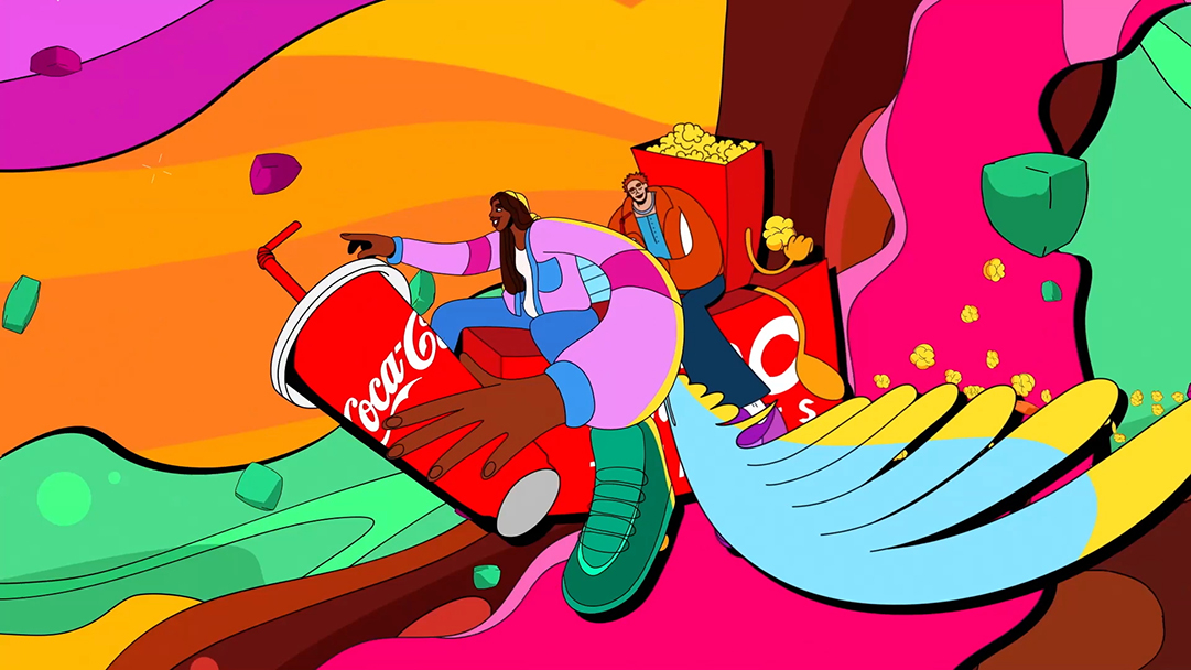 a still from the AMC + Coke: Flavor make it ad featuring a man and woman riding a bird in exaggerated street-style animation