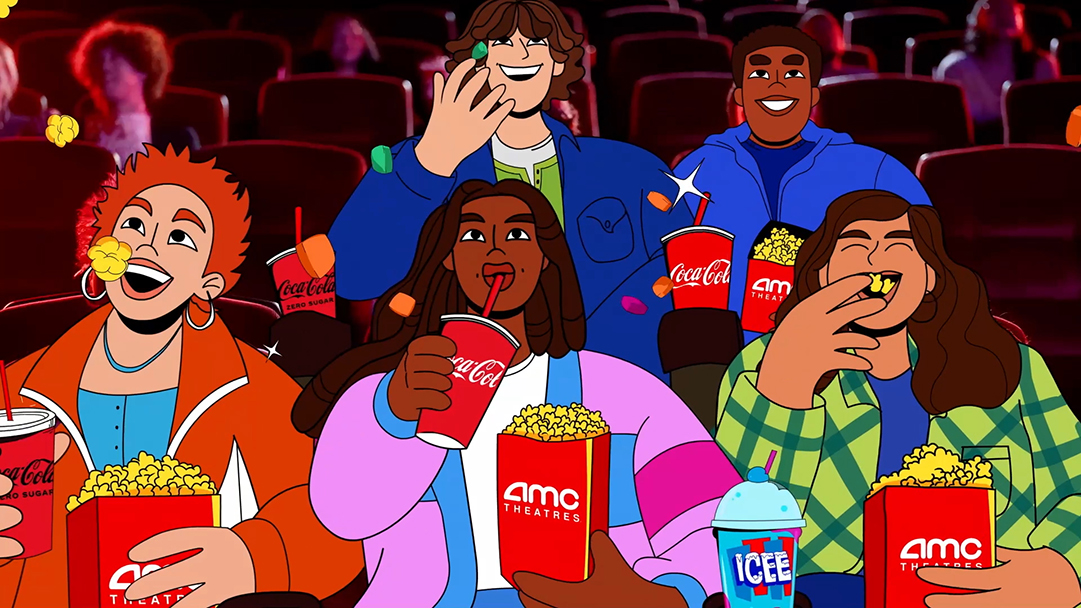 a still from the AMC + Coke: Flavor make it ad featuring a mixing live-action footage of teenagers in theaters and exaggerated street-style animation