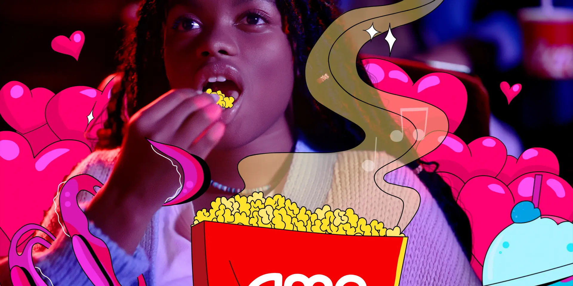 a teenage girl eats popcorn at an AMC theater while slowly transforming into an animated version of herself