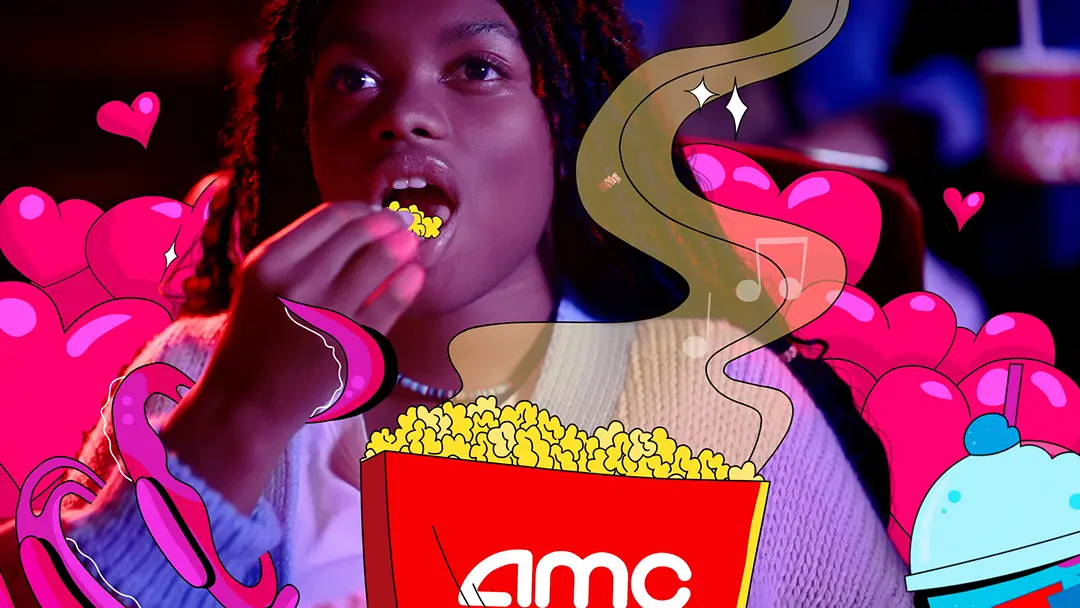 a teenage girl eats popcorn at an AMC theater while slowly transforming into an animated version of herself