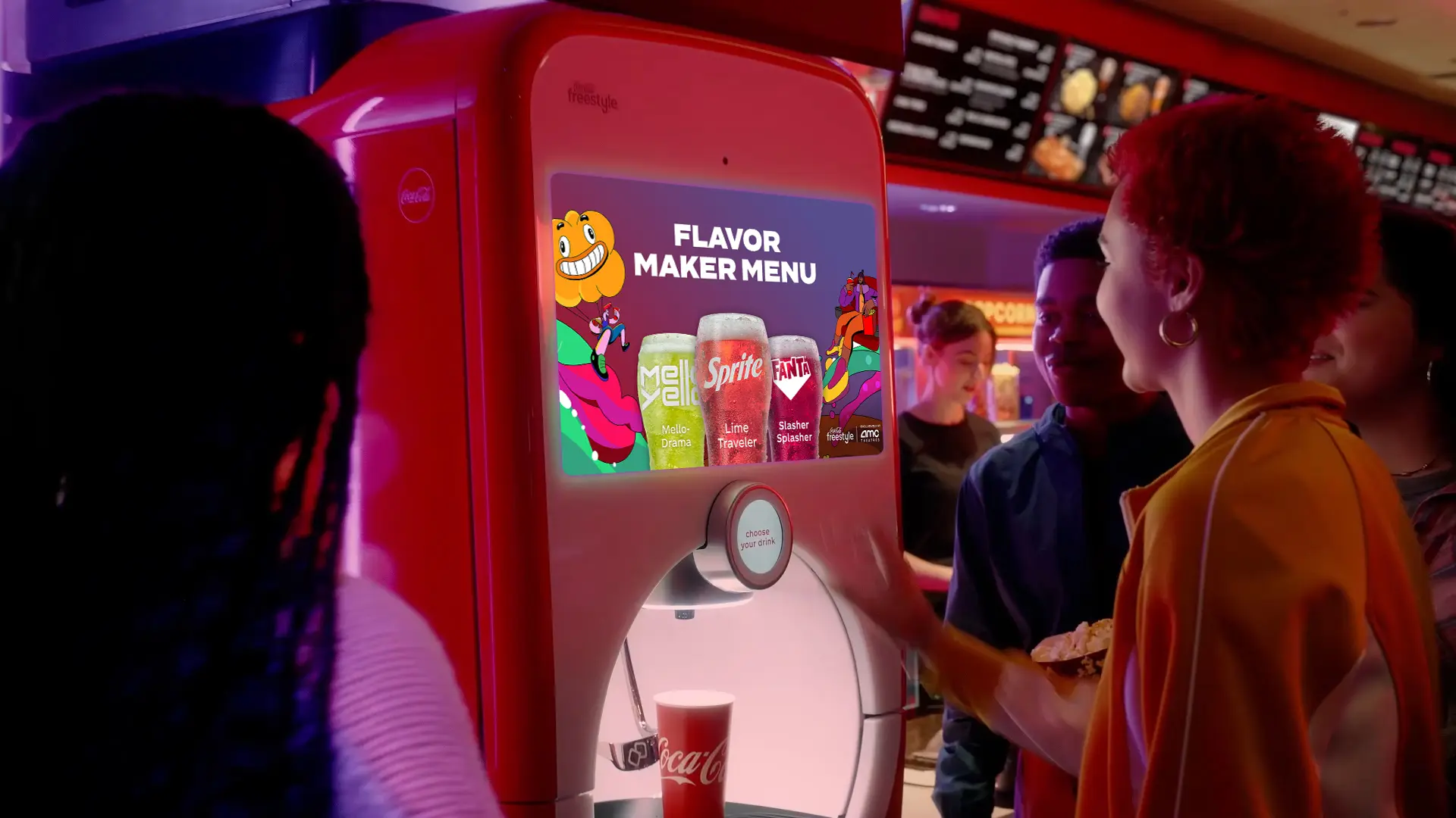 The Flavor Maker Menu on a Coca-Cola freestyle machine at AMC Theatres