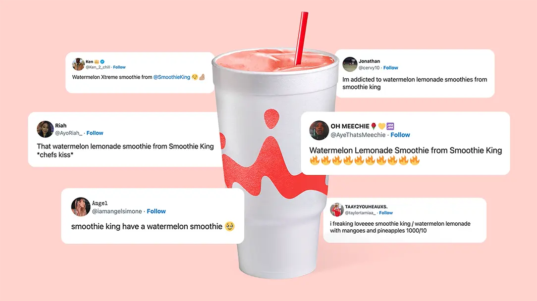 a series of positive social media posts about the watermelon lemonade smoothie from Smoothie King