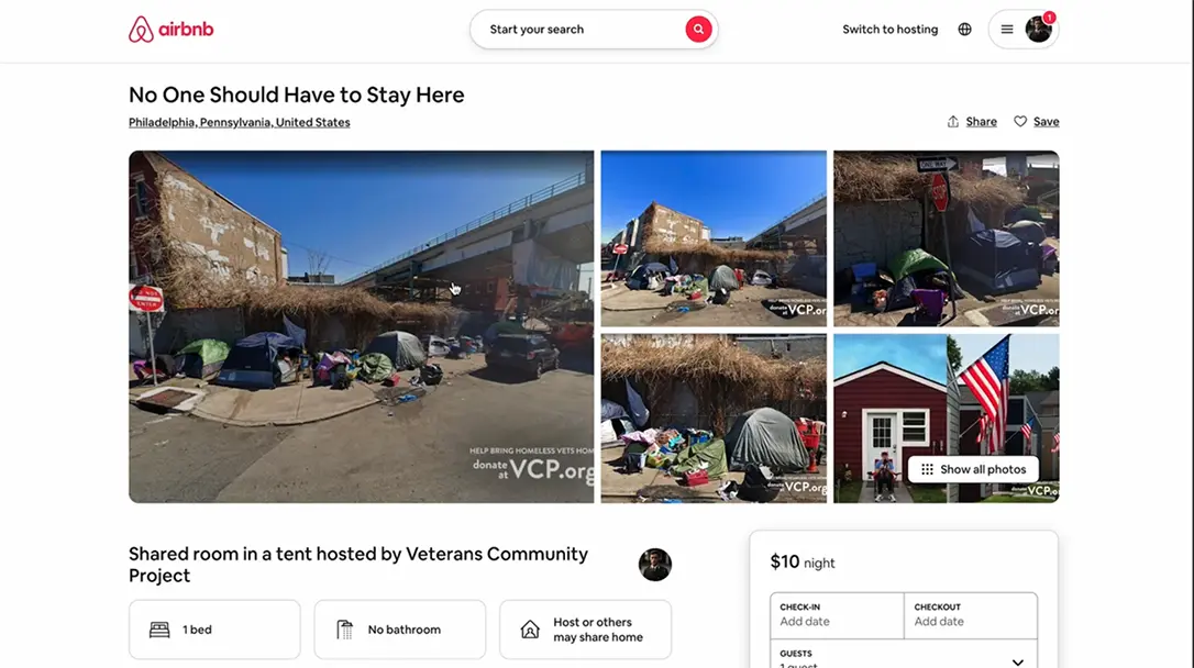 a fake AirB&B listing for homeless encampments